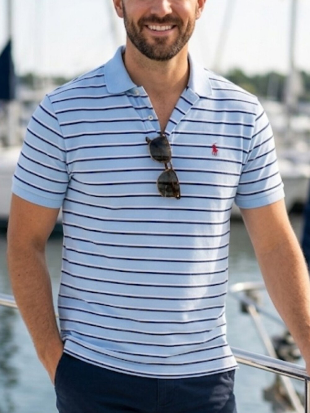 Polo by Ralph Lauren Light Blue Polo Shirt Navy Stripe Detail Size L